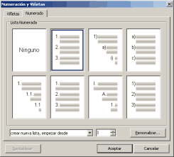 Di�logo de Acciones de RichView para aplicar y modificar vi�etas y numeraci�n
