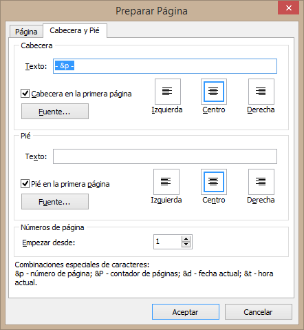 Configuración de página en RichViewActions: encabezados y pies de página