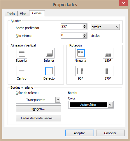 Cuadro de diálogo de las propiedades de tabla en RichViewActions Cuadro de diálogo de propiedades de tabla en RichViewActions