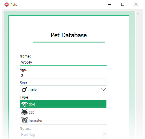 SRVControls se utiliza para crear un formulario de entrada de base de datos en un documento ScaleRichView